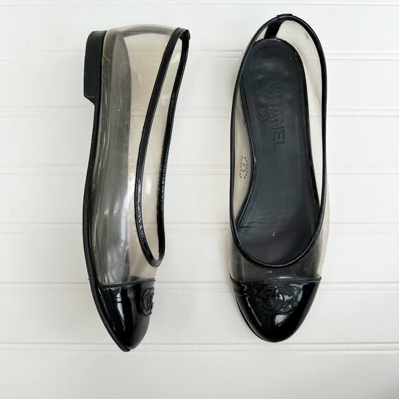 Chanel Ballet Flats Cap Toe CC Clear Plexi PVC Black Patent Ballerina Shoes - Picture 1 of 12